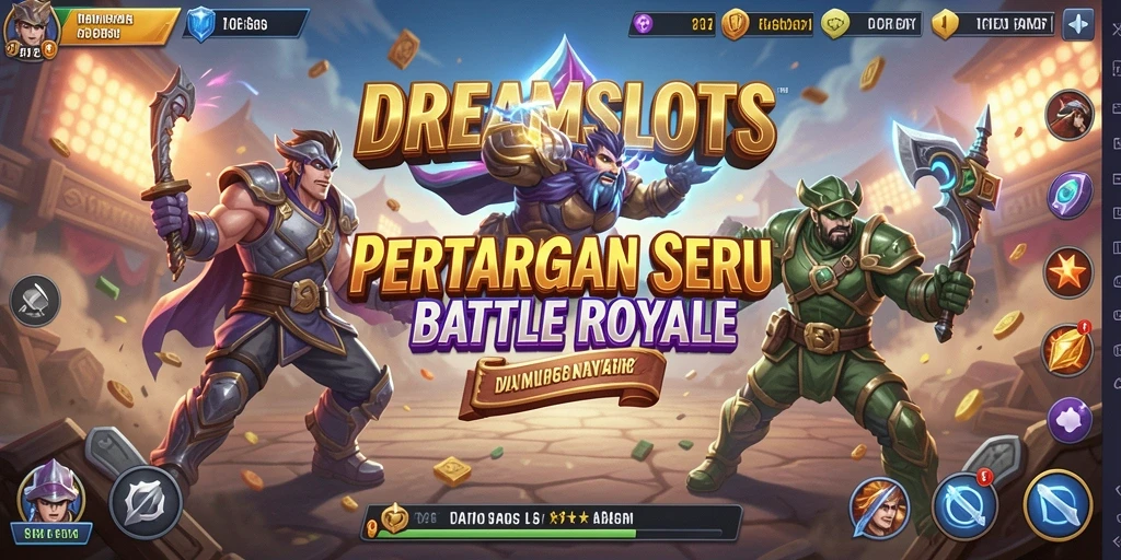 Tangkapan layar gameplay DREAMSLOTS dengan aksi pertarungan Battle Royale yang intens.