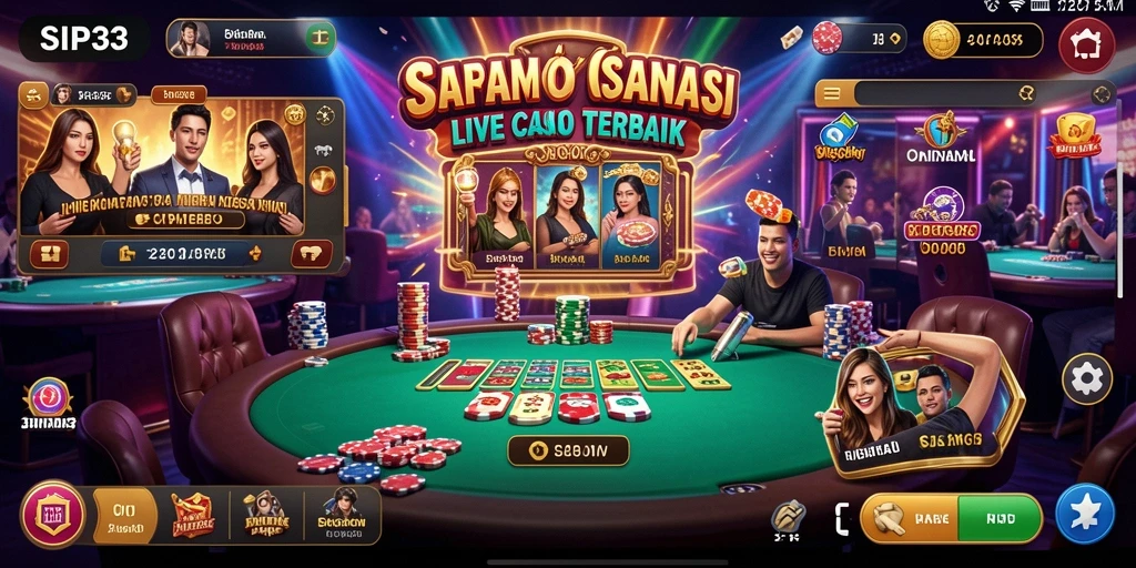 Screenshot utama SIP33 menampilkan dealer langsung dan suasana kasino yang hidup.
