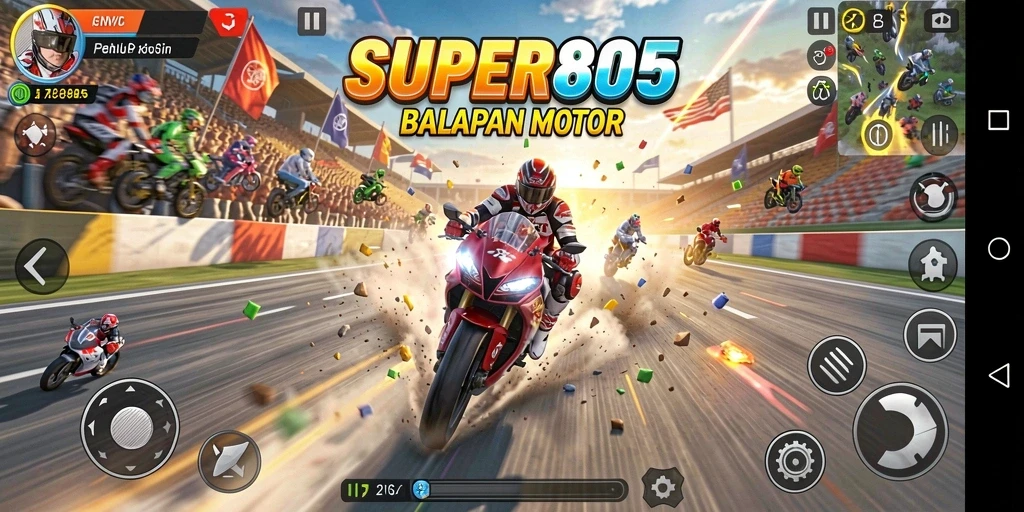Tampilan menarik dari gameplay balapan motor di SUPER805.